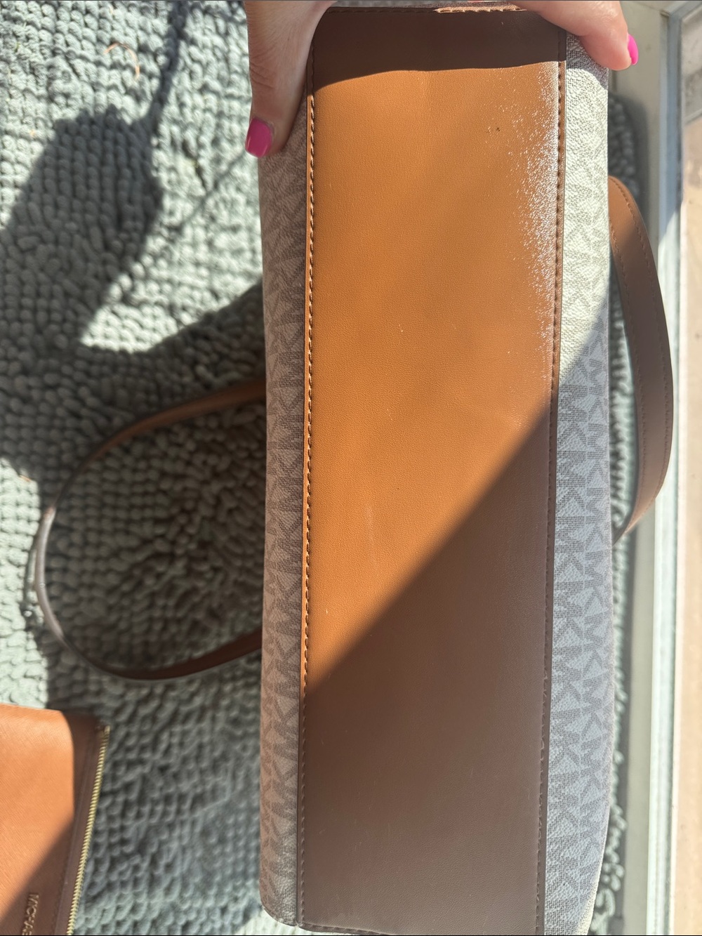Michael Kors Beige Signature MK Tote with Brown Leather Trim - Picture 8 of 13